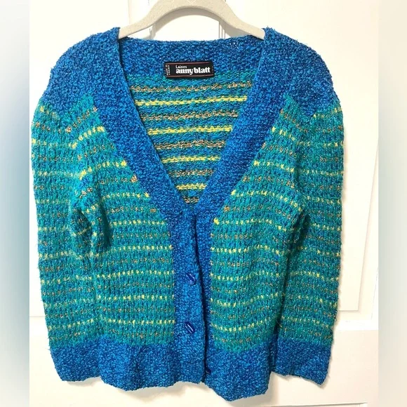 Laines Anny Blatt yarn made in France blue green cardigan sweater xs x-small - Picture 1 of 4
